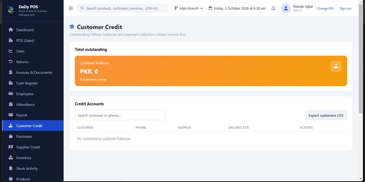 Customer credit screen in DaDy POS