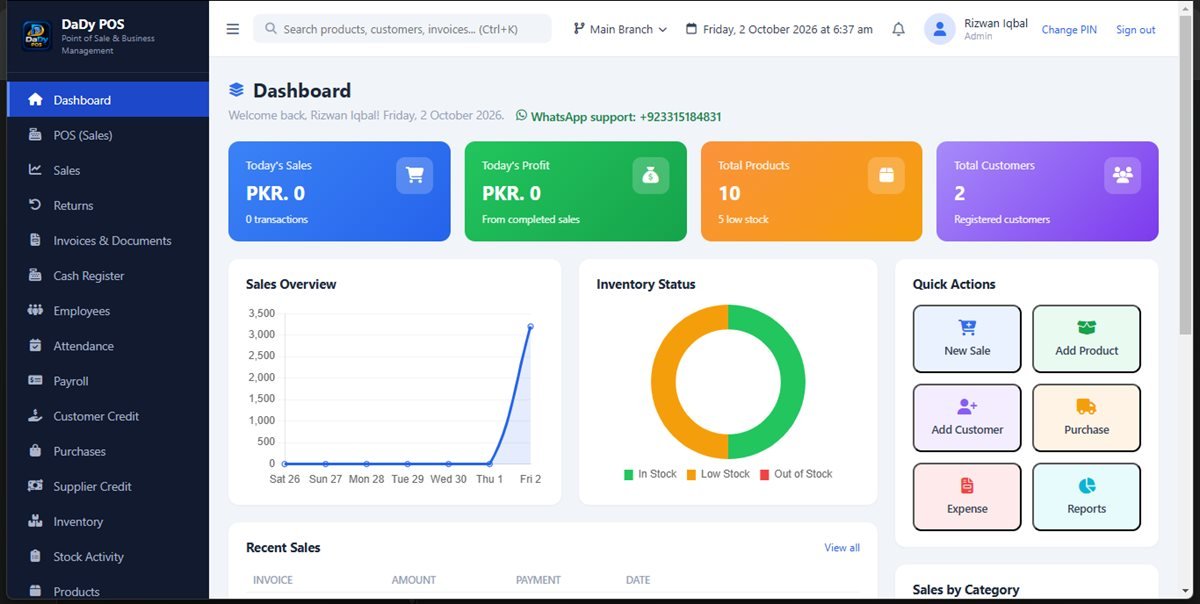DaDy POS dashboard showing shop summaries, a sales chart and shortcuts
