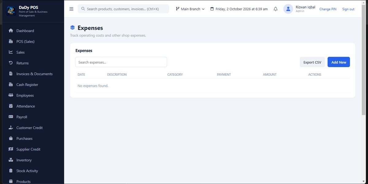 Expense records screen in DaDy POS