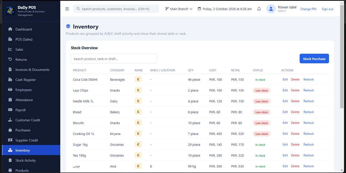 DaDy POS inventory screen for reviewing shop stock and product availability.