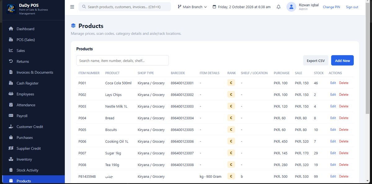 Product list screen in DaDy POS