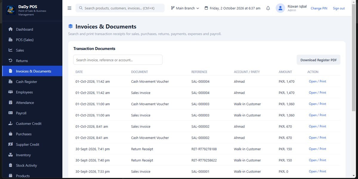 Purchase return screen in DaDy POS