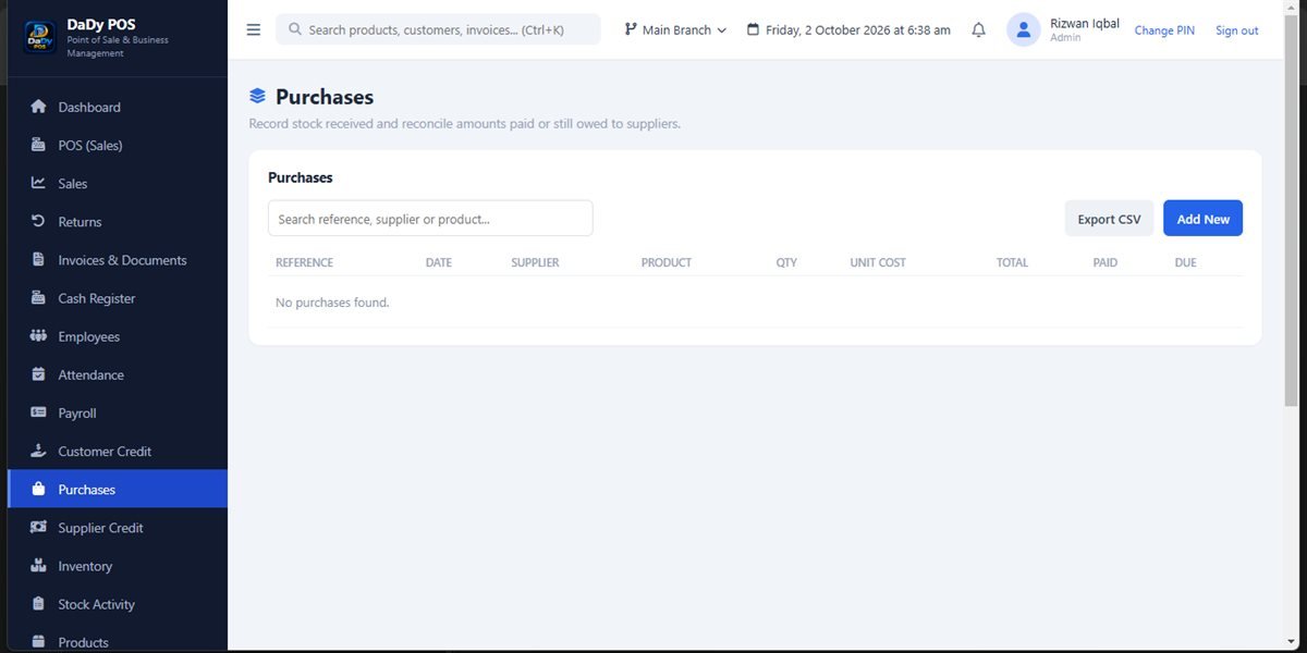 Purchase records screen in DaDy POS