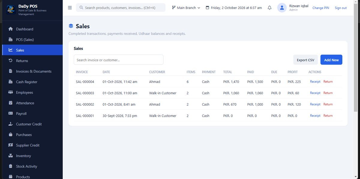 Sales records screen in DaDy POS