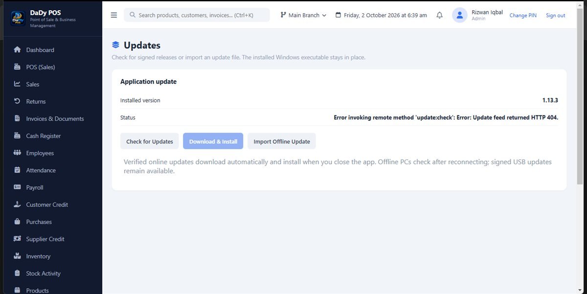 Updates screen in DaDy POS