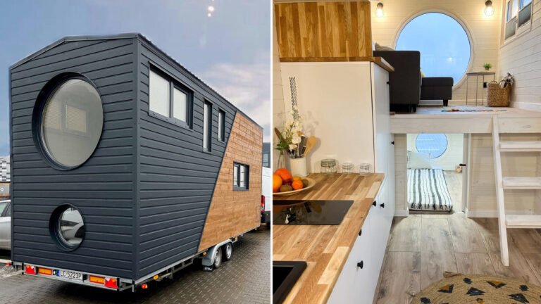 French Kiss Tiny House has Porthole Windows, Reverse Loft Layout