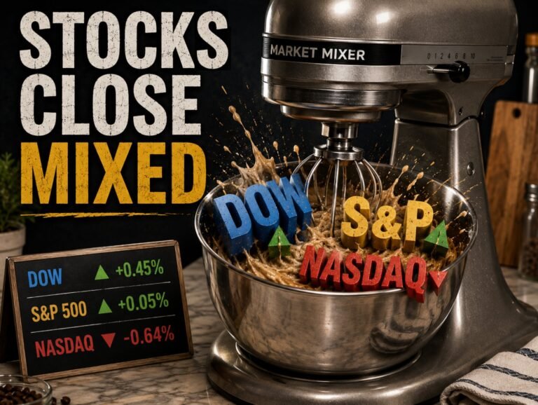 US indices close mixed. Dow up. S&P unchanged. Nasdaq down