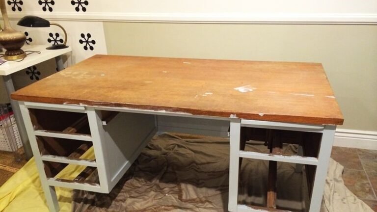 This Worn Wood Desk Looks Like It Got a New Top, but the Original Is Still Underneath