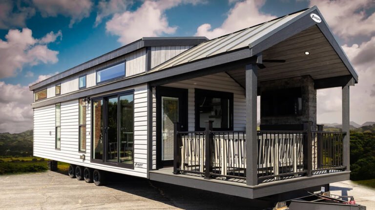 Island Tiny House Fits Fireplace, TV in Stone Pillar on Covered Porch