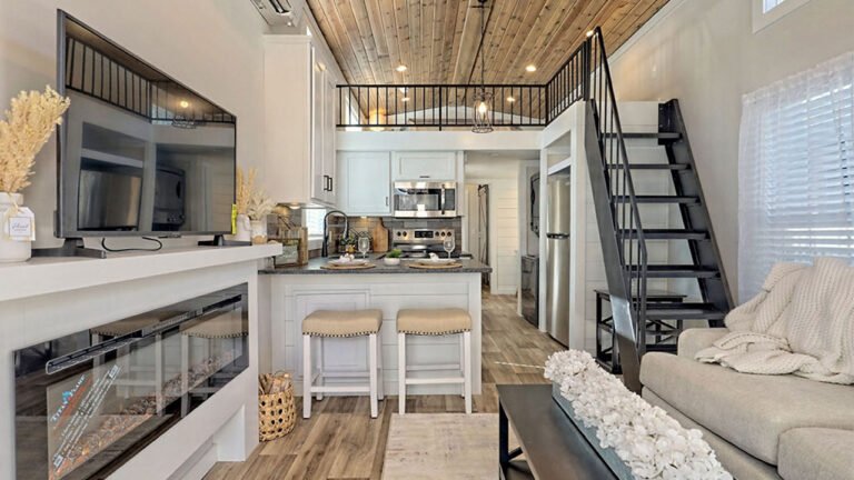 Swayback Tiny House has Porch, Home Office and Fireplace